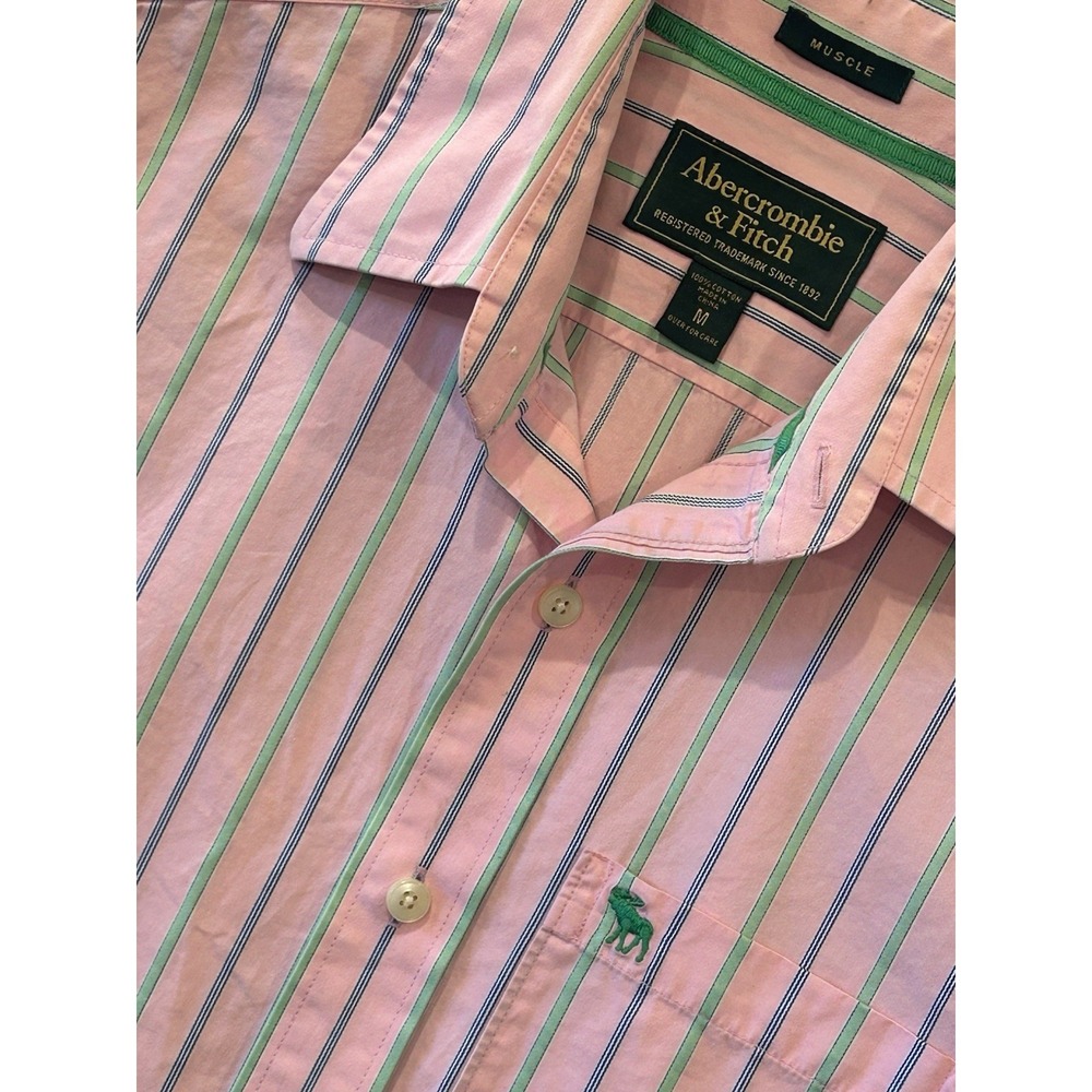 Abercrombie & Fitch Shirt Mens M Pink Striped Muscle Long Sleeve Button Up Prep - Picture 2 of 7